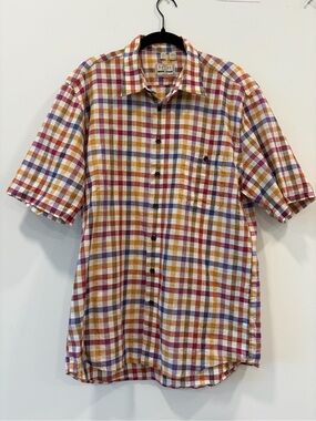 Haupt Germany Men’s L 41/42 Linen Blend Multicolor Plaid Short Sleeve Shirt 16.5